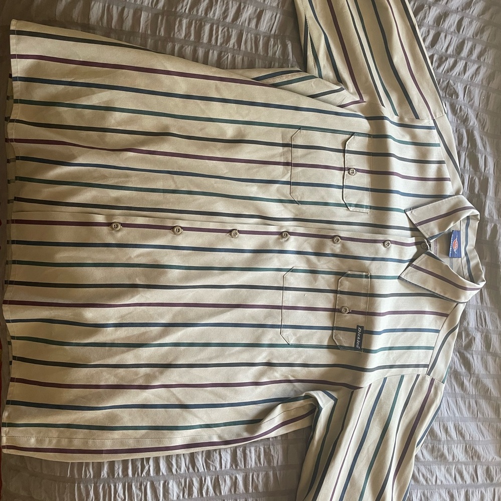 Dickies Long-sleeve Work Shirt. Tan with green, blue and red stripes.